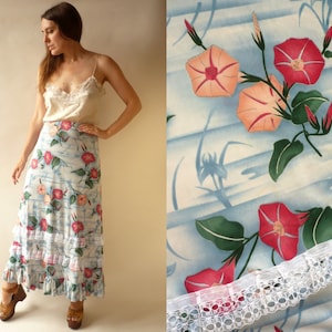 1970&#39;s Vintage Psychedelic Floral Print Retro Jersey Maxi Skirt With Lace Trim Size Small - AS IS