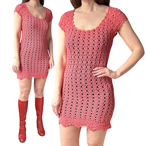 1990&#39;s Vintage Crochet Knitted Stretchy Body Con Dress Size S/M