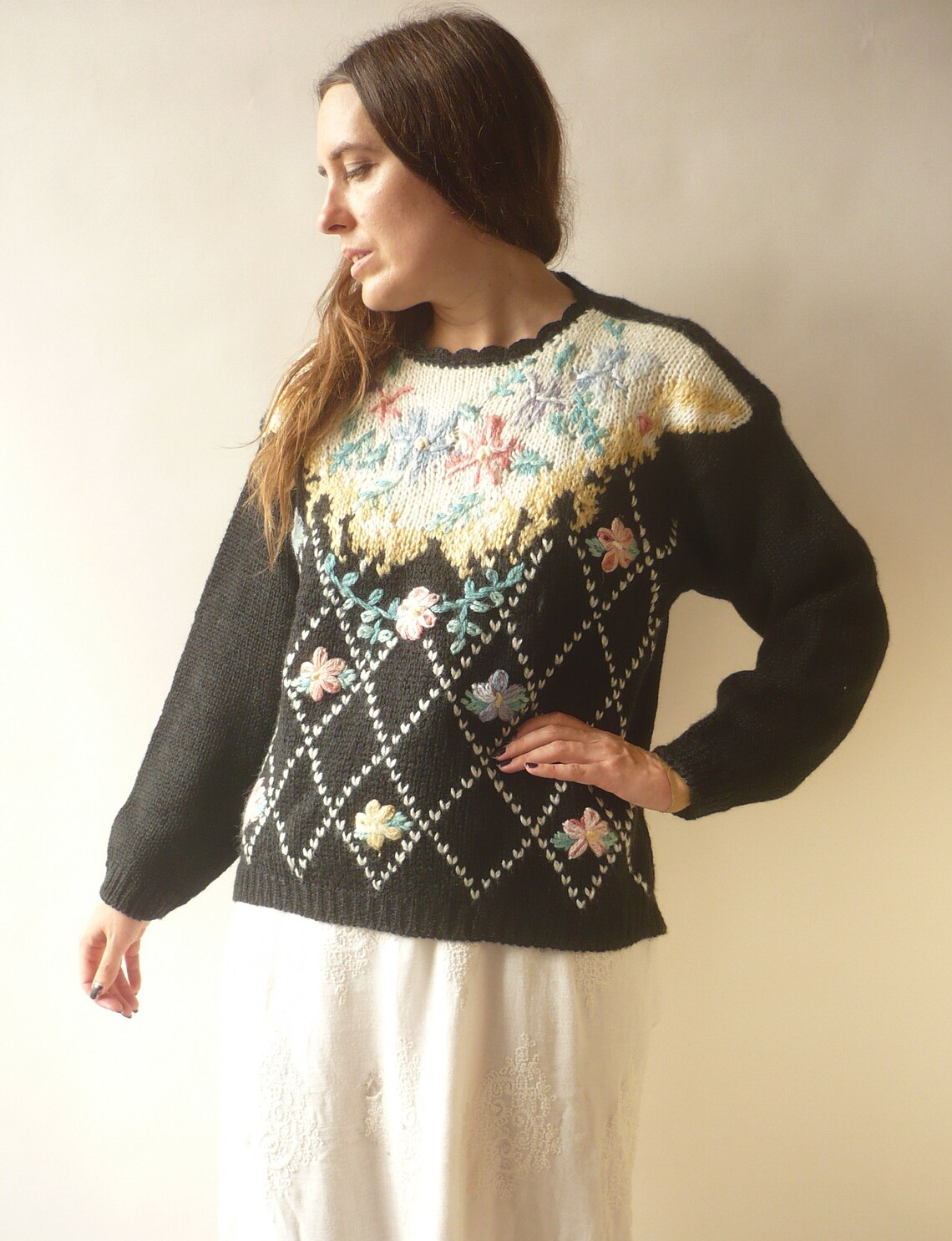 1980's Vintage Floral Embroidered Hand Knitted Jumper