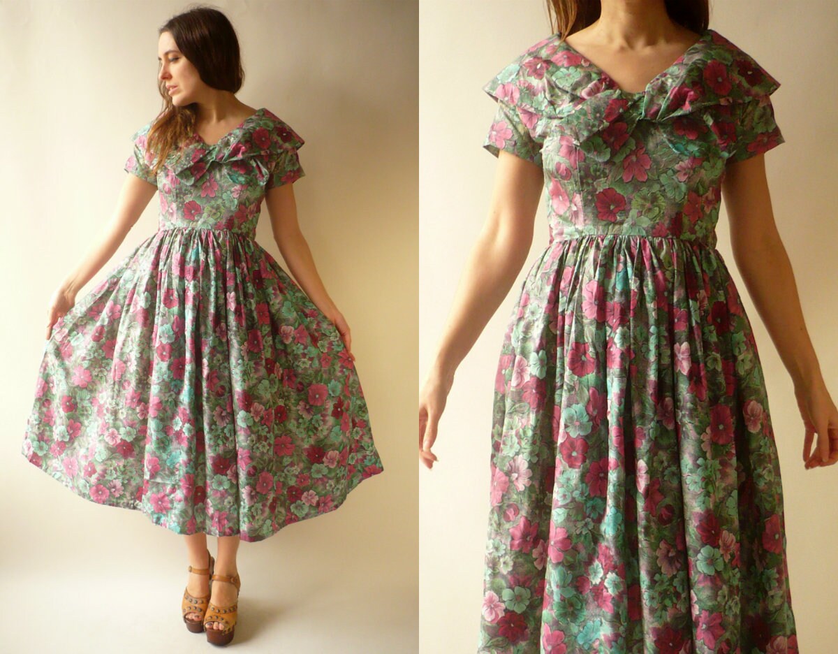 Image of 's Vintage Green Floral Full Skirted Prom Dress Size Xs - As Is