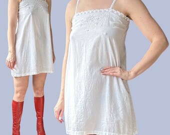 1900's Victorian Antique Vintage White Cotton Petticoat Slip Mini Dress With Broderie Anglaise Trim Size XS