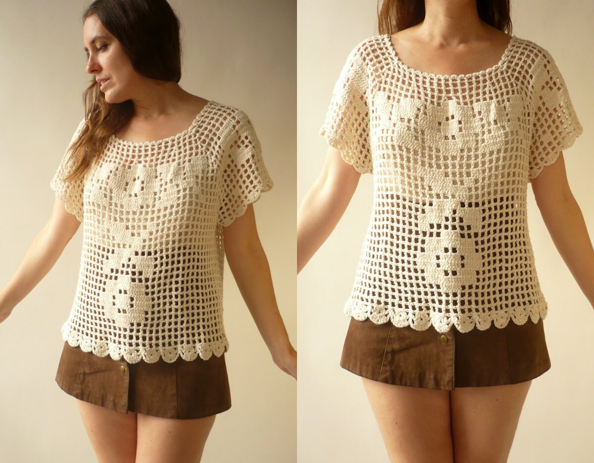 Image of 's Vintage Neutral Cream Hand Crochet Hippie Bohemian Knitted Top