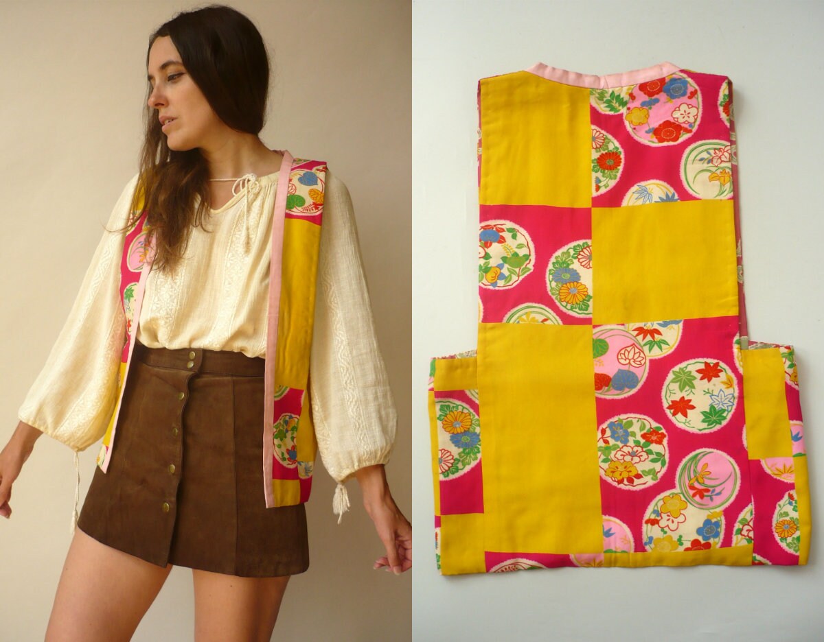Image of Antique Japanese Silk Vest Made From Kimono Fabric Vintage Waistcoat Size Xs