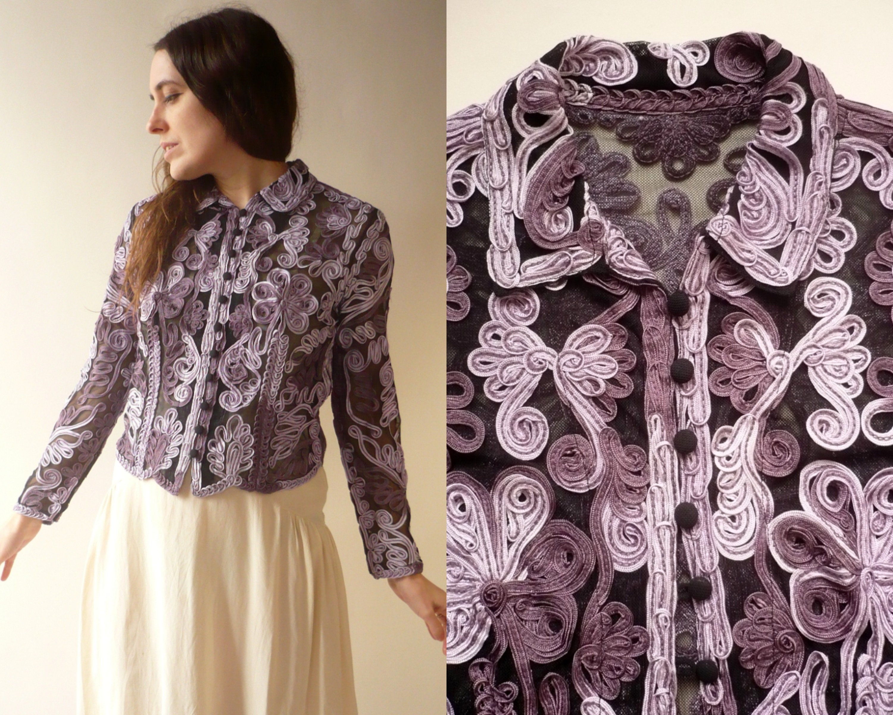 Image of 's Vintage Mesh & Ribbon Work Semi Sheer Applique Shirt Top Size Small