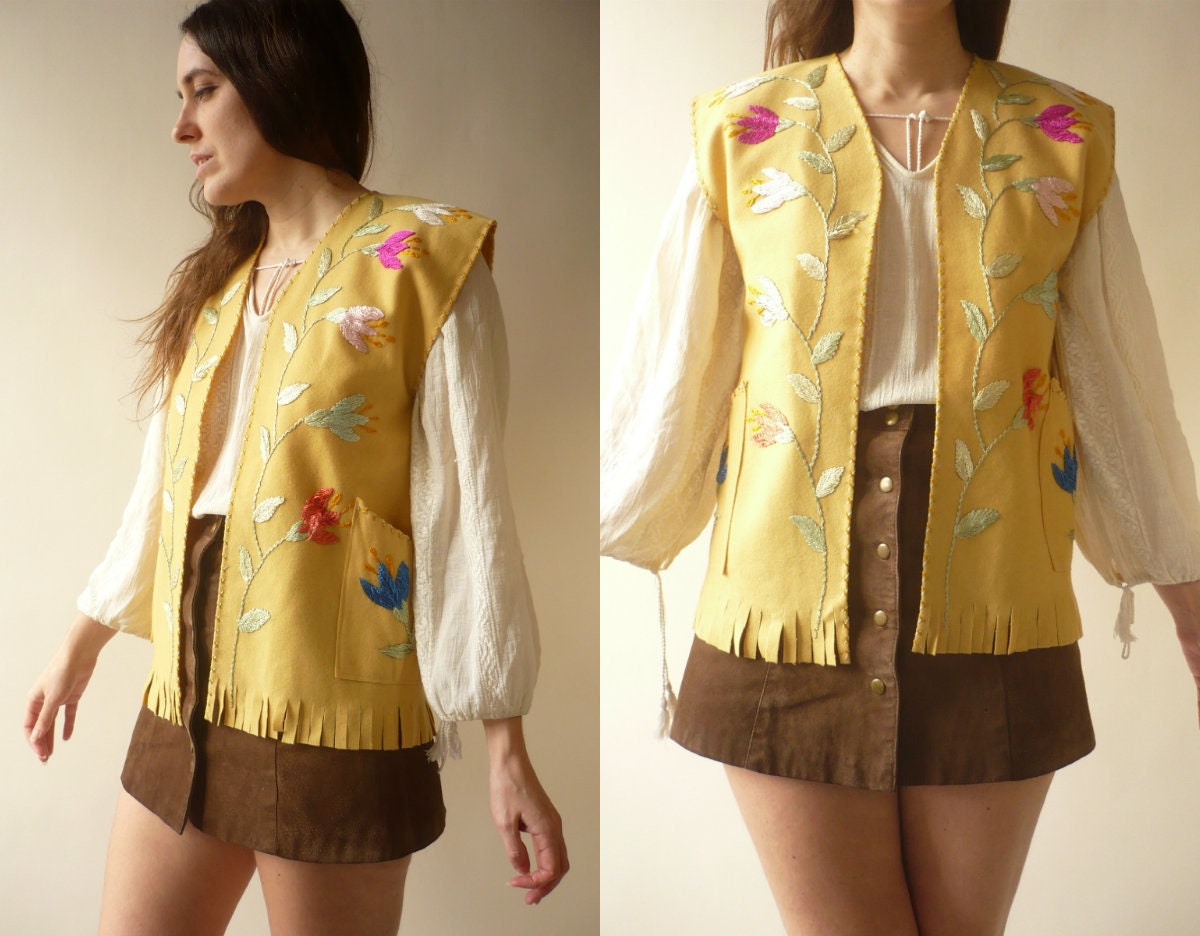 Image of 's Vintage Mexican Floral Embroidered Wool Fringed Gilet Waistcoat Size Small