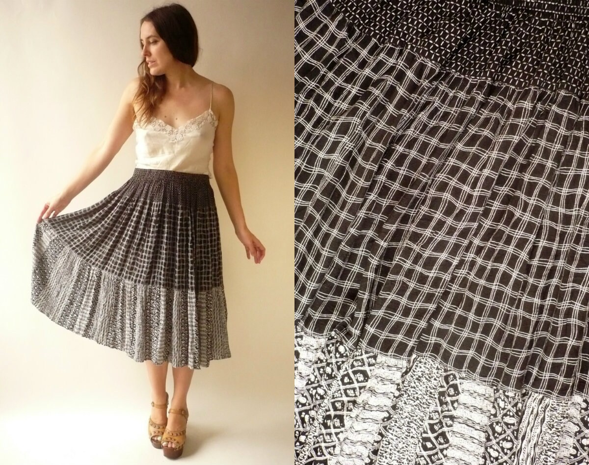 Image of 's Vintage Mixed Check Print Crinkle Rayon Gauze Midi Skirt Size Large