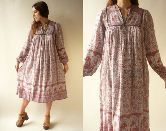 MAYUR 1970's Bib Front Indian Cotton Gauze Woodblo