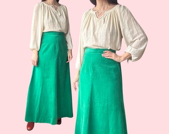 1970's Vintage Bohemian Green Corduroy High Waisted Retro Maxi Skirt Size Medium