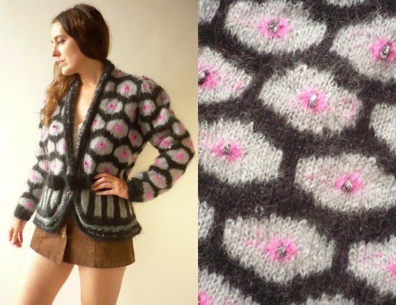 1980's Vintage Hand Knitted Mohair Puff Sleeve Flu