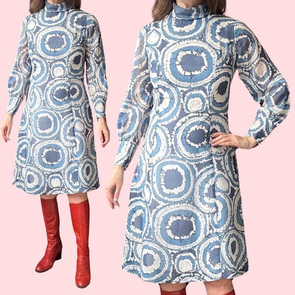 1970's Vintage Swedish Made A-Line Abstract Printed Midi Dress Size XS