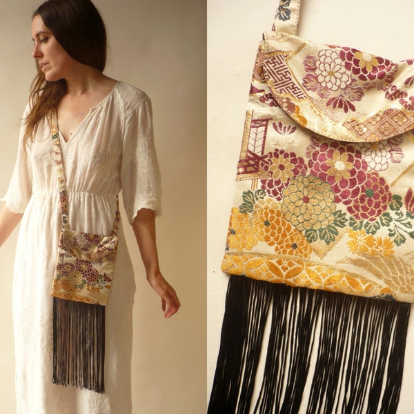 Vintage Bohemian Pouch Mini Shoulder Bag Made From Japanese Kimono Fabric With Tassels Fringing