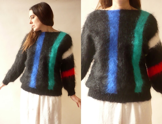 1980's Vintage Black & Stripe Hand Knitted Mohair