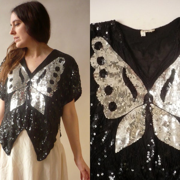 1980's Vintage Pure Silk Silver & Black Butterfly Heavily Beaded Sequin Deco Flapper Top