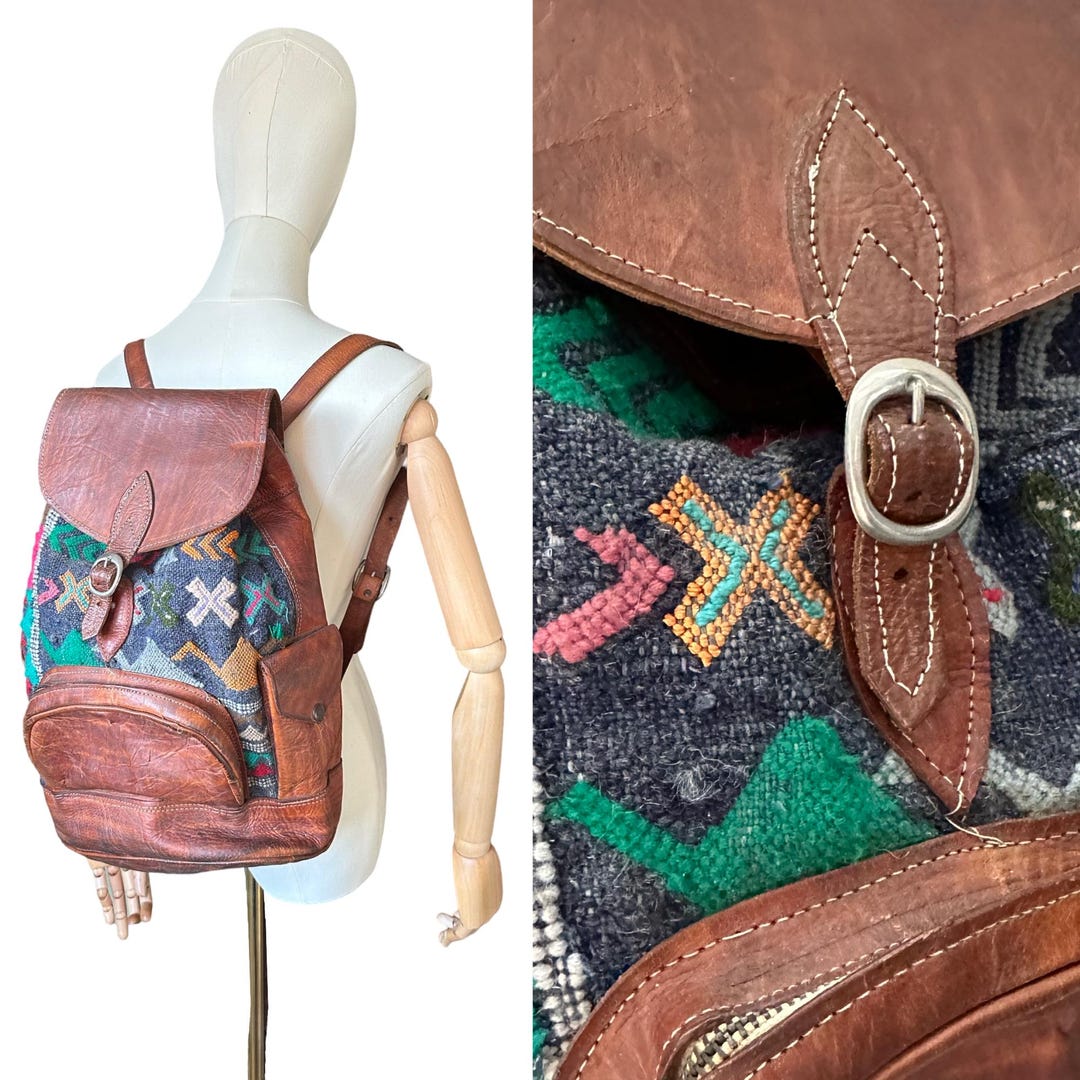 1970’s Vintage Bohemian Moroccan Leather & Tapestry Rucksack Backpack ...