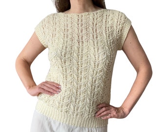 1970's Vintage Neutral Hand Knitted Crochet Top Short Sleeve Sweater