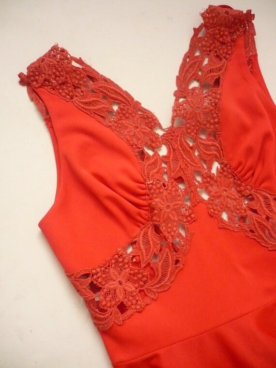 1970's Vintage Bright Red Cut Out Lace Detail Boh… - image 7