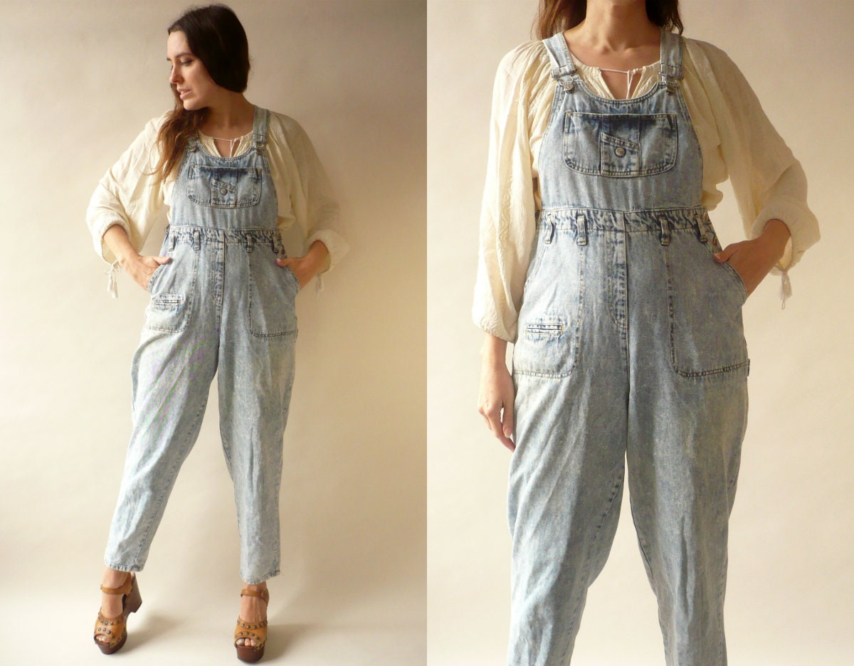 Image of Early 's Vintage Blue Faded Bleached High Waisted Dungarees Overalls Size Small