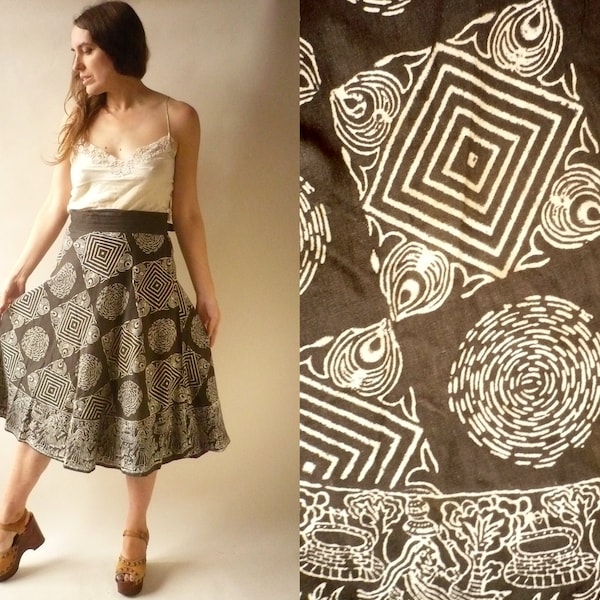 1980's Vintage Indian Hippie Woodblock Printed Cotton Wrap Skirt