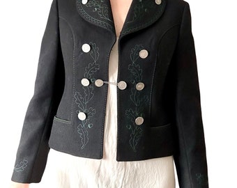 1970's Vintage Black Embroidered German Trachten Folk Jacket Blazer Size S/M