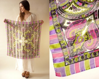 1980's Vintage Paisley & Stripe Printed Semi Sheer Square Scarf