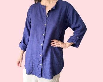 Flax 100% Linen 1990's Vintage Blue Loose Fitting Slouchy Shirt Top Size Small