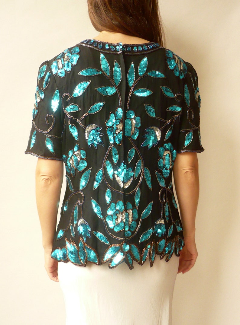 1980/'s Vintage Blue /& Black Heavily Beaded Sequin Deco Silk Flapper Top