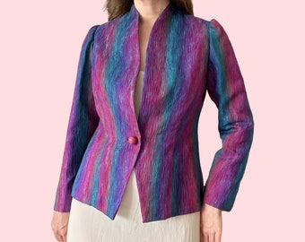 Veste ajustée vintage à rayures bohèmes et à manches bouffantes des années 1990, taille S/M