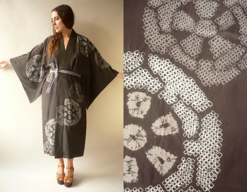 1960/'s Vintage Men/'s Unisex Antique Silk Shibori Juban Kimono Duster Jacket