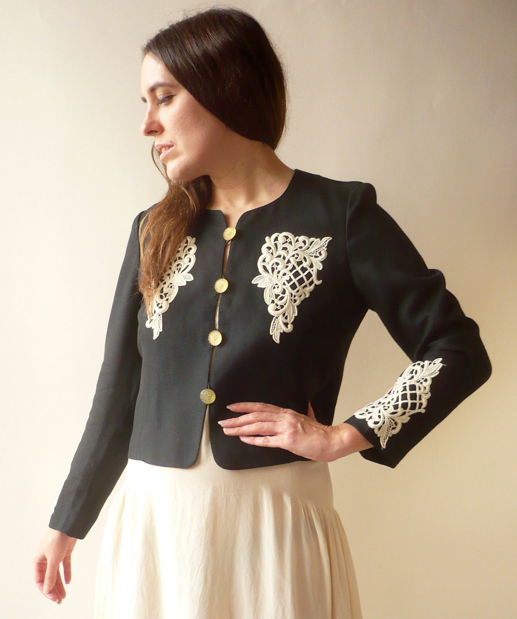 Image of 's Does 's Vintage Black Cropped Jacket With Lace Appliques Size Small