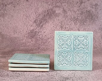 Set of 4 Handmade Ceramic Coasters, Mint Ceramic Textured Coasters, kitchen decor, mom gift