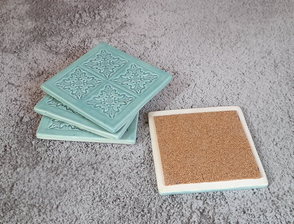 Set of 4 Handmade Ceramic Coasters, Mint Ceramic Textured Coasters ... - Handmade Ceramic Coaster Holders