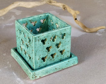 Ceramic Tea light Holder, Handmade ceramic candle holder, Curved Turquoise candle holder