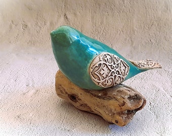 Handmde Ceramic Bird on Driftwood, Ceramic Blue glossy Bird, Art Ceramic Driftwood decor, Decorative Ceramic Figurine, Decorative bird
