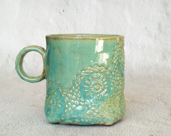 Handgemachte Keramiktasse, strukturierte rustikale große Tasse, Türkis Kaffeetasse, Geschenkidee