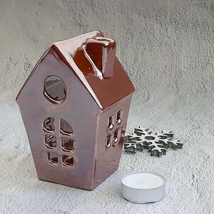 Handmade Ceramic House Lantern, Gold Glaze Tea Light Holder
