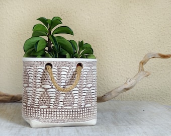 Lace Ceramic Planter, Rope Handle Cachepot, Handmade Pottery