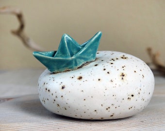 Ceramic Pebble Boat, Turquoise Ceramic Pebble boat, Origami Boat, Handmade Ceramic boat, decorative boat, Ceramics and Pottery