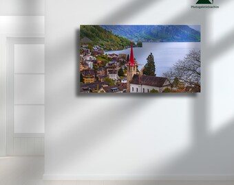 Impresión de la Galería Weggis | Fotografía del lago de Lucerna | Mural de un pueblo suizo | Arte natural de los Alpes