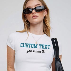 Custom Text Baby Tee y2k, Trendy 90s Vintage Tee, Custom Photo Y2K Fashion, Baby Tee Custom 90s Top, Custom text y2k Shirt Custom y2k outfit