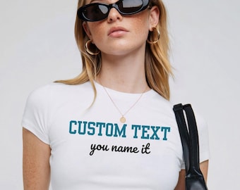 Custom Text Baby Tee y2k, Trendy 90s Vintage Tee, Custom Photo Y2K Fashion, Baby Tee Custom 90s Top, Custom text y2k Shirt Custom y2k outfit