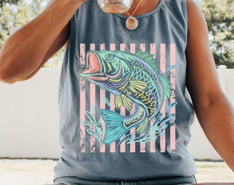 Comfort Colors® Retro Bass Fish Tank Top, Bass Fish Shirt, Pastel Striped Fishing Graphic Tee, Trendy Beach Summer Tank Tops for Women