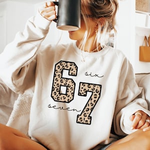 Six Seven Sweatshirt Hoodie, Leopard 6 7 Shirt Funny Number Meme Shirt Viral TikTok Saying Shirt Funny 67 Number Gen Z shirts Gen Z Gifts