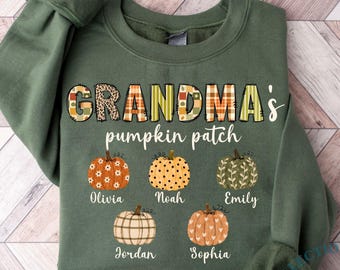 Personalized Grandma's Pumkin Patch Fall Shirt, Little Pumpkins Autumn Shirt with Grandkids Names, Pumkin Season, Thanksgiving Gift For Nana