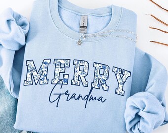 Custom Merry Grandma Christmas Sweatshirt, Nana Gift, Gigi Crewneck, Floral Grandma Shirt, Nana Christmas Crewneck Mimi Claus Shirt