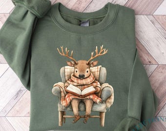 Sudadera retro con reno leyendo un libro, camiseta navideña para profesores, camiseta navideña para bibliotecarios, bonito regalo para profesores, amante de los libros, cuello redondo navideño.