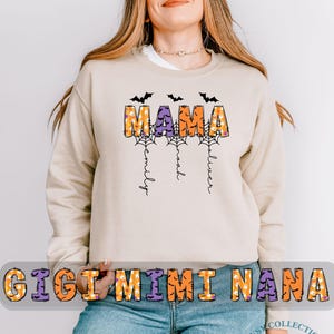 Personalized Halloween Mama Sweatshirt with Kids Name, Spooky Mimi Shirt, Gift for Mom, Spooky Nana Sweatshirt Halloween Gigi Shirt Mom Gift