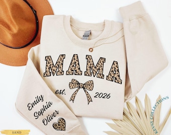 Custom Leopard Mama Sweatshirt With Kid Name On Sleeve, Personalized Mom Sweatshirt, Gift For Mom, Mothers Day Gift,Mama Est 2025 Sweatshirt