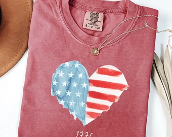 American Flag Heart T-Shirt For Women - 4th Of July Patriotic Graphic Tee, Red, Size Medium - View #8