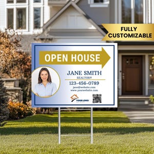 Custom Open House Sign, Real Estate Yard Sign, Personalized Realtor Sign Customized Real Estate Agent Open House Sign with Metal H-Stakes