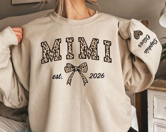 Custom Leopard Mimi Sweatshirt With Kid Name On Sleeve Personalized Mimi Sweatshirt  Mimi Shirt Gift For Mimi Christmas Gift for New Grandma